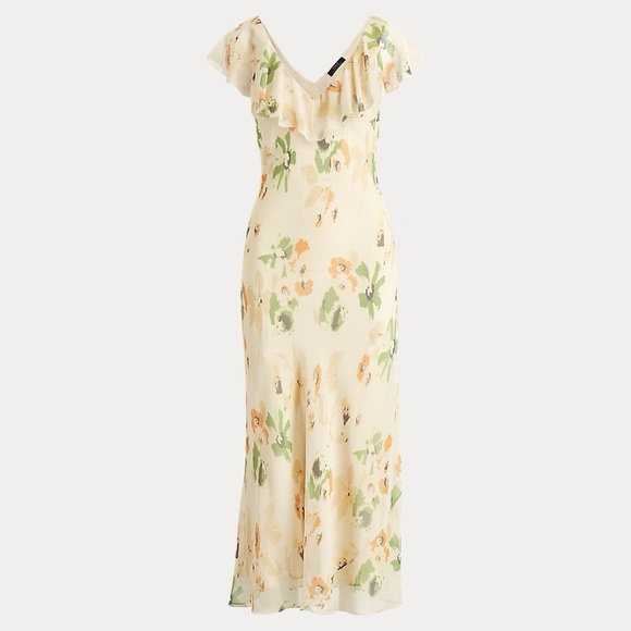 Polo Ralph Lauren - Beige Pastel Floral Ruffle V Neck Sleeveless Maxi Dress SZ 8 - Picture 1 of 12